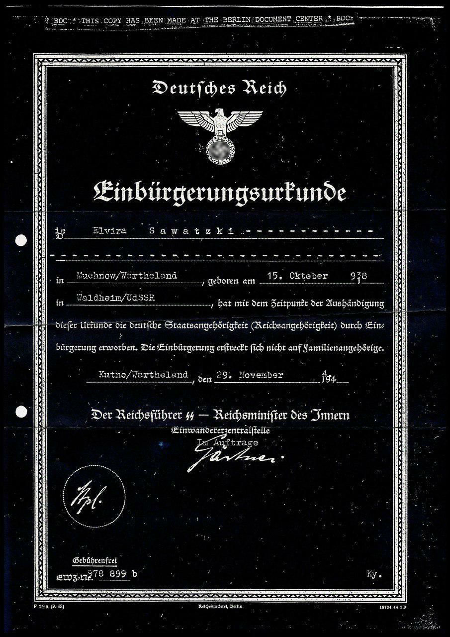 Документ о гражданстве Германии 1944 года